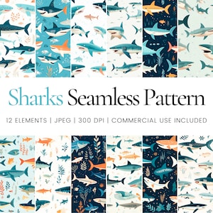 Sharks Digital Papers, Whimsical Sharks Seamless Repeat Pattern, Background, Printable Digital Paper, Commercial Use Digital Paper