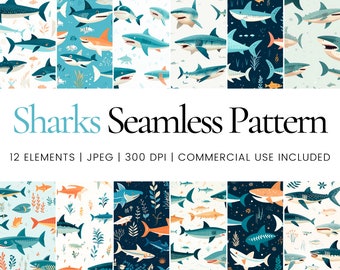 Shark Seamless Pattern Bundle, Ocean Sharks Digital Paper Pack, Underwater Sea Animals Patterns for Scrapbooking Crafts Kids Designs