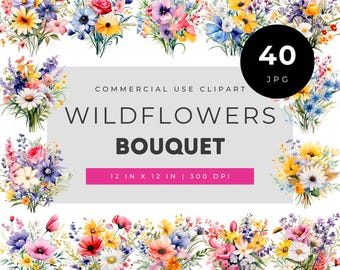 Wildflower bouquet clipart set, watercolor floral bouquets bundle, botanical flower illustrations for scrapbooking, crafts, cards and decor
