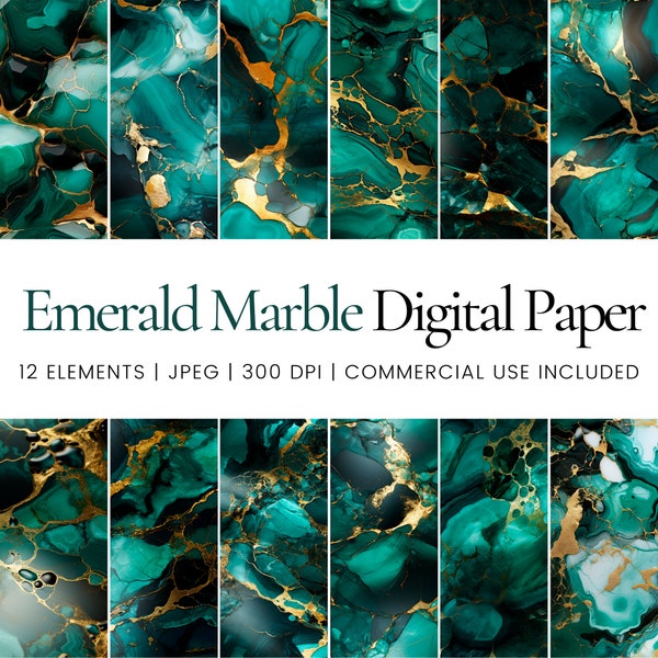Emerald and Gold Marble Digital Papers, Emerald and Gold Marble Seamless Repeat Pattern, Tumbler Wrap, Sublimation, Background, Commercial