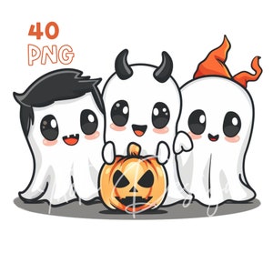Halloween Cartoon Ghosts Clipart - 40 PNG de haute qualité - Planificateur numérique, Junk Journaling, Aquarelle, Art mural, Utilisation commerciale, Tasses, Maison