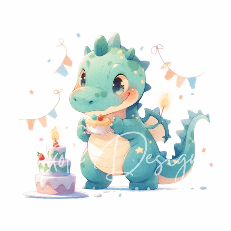 Puede incluir: Un drag&oacute;n verde con una estrella amarilla en la cola sostiene un peque&ntilde;o pastel con una vela encendida. Un pastel m&aacute;s grande con dos velas encendidas se encuentra en un plato blanco frente al drag&oacute;n. El fondo es blanco con confeti y banderines azules y naranjas.