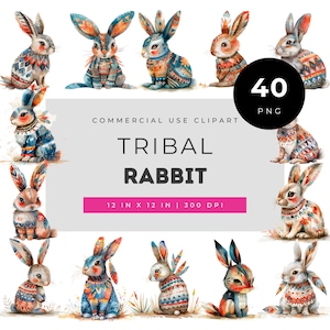 Tribal Rabbit Clipart PNG Bundle, Boho Bunny Woodland Animal Graphics for Nursery Decor, Baby Shower, Stickers & Sublimation Designs