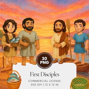 Puede incluir: Ilustración de cuatro figuras con túnicas junto al agua al atardecer. Sostienen peces, una cuerda y un remo. El texto "First Disciples" se muestra debajo. Imagen digital, ideal para imprimir.