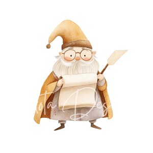 May include: A watercolor illustration of a gnome wearing a brown hat and glasses, holding a scroll and a feather quill. The gnome is wearing a brown robe with a gold trim.