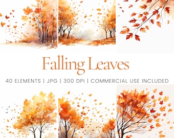 Autumn Falling Leaves Clipart - 40 High Quality JPGs - Digital Planner, Junk Journaling, Watercolor, Commercial Use, Digital Download
