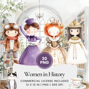 Kobiety w historii Clipart - 30 PNG - Cyfrowy planer, Junk Journaling, Scena, Wykorzystanie komercyjne, Sublimacja, Scrapbooking, Naklejki, Kubek, Karty