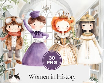 Ensemble d'illustrations de femmes emblématiques de l'histoire, à imprimer à l'aquarelle, idéal pour une salle de classe culturelle.