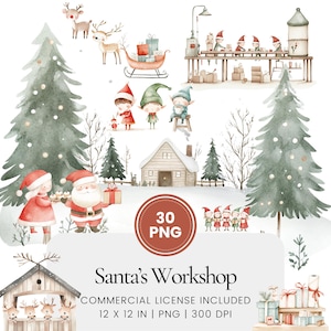 Clipart Atelier du Père Noël - 30 PNG - Agenda numérique, journal intime, décoration murale, usage commercial, sublimation, scrapbooking, cartes, mugs