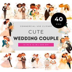 Cute wedding couple clipart, diverse bride groom illustrations for invitations planners cards scrapbooking printable art bundle watercolor