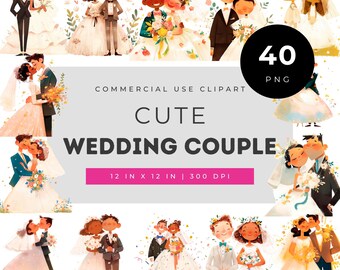 Adorables illustrations de couples de mariés, notamment des images variées de mariés, pour invitations, agendas, cartes, scrapbooking et autres créations à imprimer (aquarelle).
