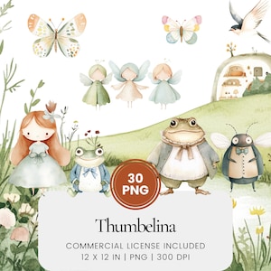 Thumbelina Clipart - 30 PNG - Pianificatore digitale, Junk Journaling, Arte della parete, Uso commerciale, Sublimazione, Scrapbooking, Carte, Tazze, Compleanno