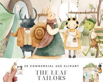Ensemble d'images clipart de tailleurs de feuilles, tailleur d'insectes aquarelle PNG, images clipart d'insectes fantaisistes cousant, personnages de chambre d'enfant du monde fantastique des insectes à télécharger