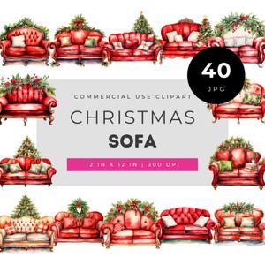 Images clipart de canapé de Noël, ensemble PNG d'une ambiance chaleureuse pour les fêtes, illustration aquarelle d'un canapé rouge, pack d'illustrations d'intérieur festif pour les loisirs créatifs.