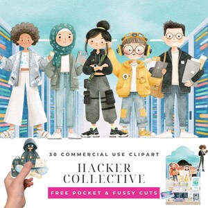 Hacker Collective Clipart Bundle, Watercolor Diverse Coder Illustrations, Ethical Hacker Digital Activist, Tech Characters Designs Download