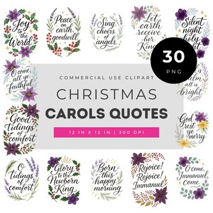 Puede incluir: Una colección de 30 citas de villancicos navideños en PNG, cada una dentro de un diseño de corona floral. Cada diseño presenta diferentes letras de villancicos en escritura elegante, rodeadas de flores y vegetación. Los diseños miden 30,48 cm x 30,48 cm.