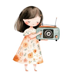 May include: A watercolor illustration of a girl in a floral dress holding a vintage-style radio. The radio is teal blue with a brown dial and a silver antenna.