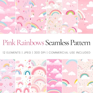 Puede incluir: Doce patrones sin costuras que presentan arcoíris rosas con varios fondos, incluyendo nubes, estrellas y lunares.  Pink Rainbows Seamless Pattern. 12 Elements | JPEG | 300 DPI | Commercial Use Included