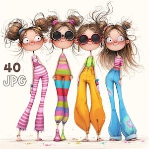 Colorful Friends Clipart - 40 JPG de haute qualité - Planificateur numérique, Junk Journaling, Wall Art, Utilisation commerciale, Tasses, Sublimation, Scrapbooking