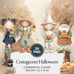 Puede incluir: Ilustración en acuarela con cuatro personajes caprichosos con temática de Halloween cottagecore. La imagen incluye una niña con una rana, un granjero con girasoles, una bruja con una calabaza y un gnomo con un pastel. El texto dice "Cottagecore Halloween".