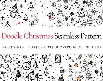 Doodle Christmas Seamless Pattern Set, Hand Drawn Holiday Digital Paper, Cute Xmas Line Art Backgrounds, Printable Winter Pattern Bundle