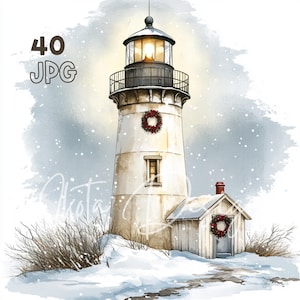 Kerst vuurtoren clipart-40 JPG's-digitale planner, junk journaling, kunst aan de muur, commercieel gebruik, sublimatie, scrapbooking, kaarten, mokken