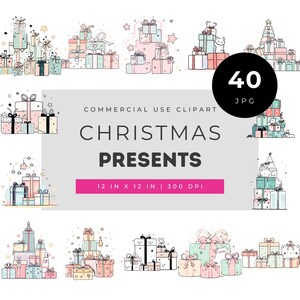 Christmas Gift Clipart, Cute Pastel Present Boxes JPG, Kawaii Wrapped Gifts Bows Confetti, Holiday Card Nursery Decor, Commercial Use