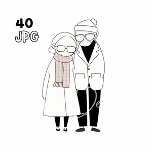 老夫婦のクリップアート - 40 枚の高品質 JPG - デジタル プランナー、ジャンク ジャーナリング、シンプル ライン、ウォール アート、商用利用、デジタル ダウンロード