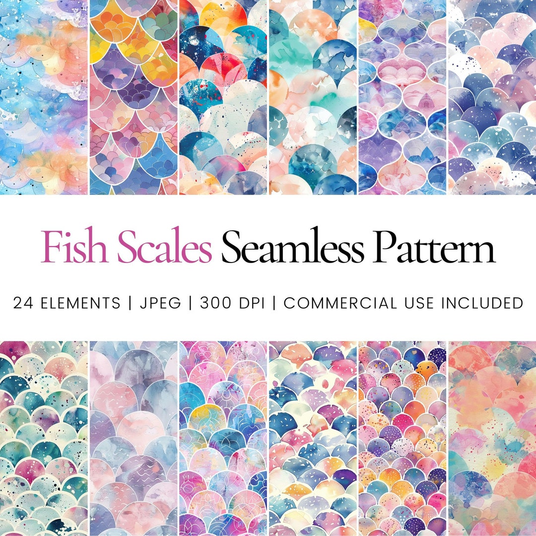 Fish Scales Seamless Pattern Bundle, Pastel Watercolor Mermaid Scale ...