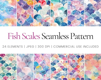 Fish scales seamless pattern bundle, pastel watercolor mermaid scale textures, ocean fantasy digital paper set for crafts and design