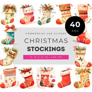 Aquarel clipartset van kerstsokken, feestelijke kerstsokken met strikken en groen, gezellige winterillustratiebundel voor kaarten en knutselprojecten.