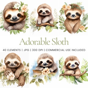 Adorable Cute Sloth Clipart - 40 High Quality JPGs - Digital Planner, Junk Journaling, Watercolor, Commercial Use, Digital Download