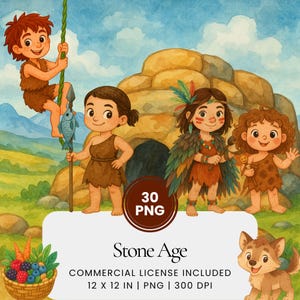 Stone Age watercolor clipart, prehistoric caveman kids illustrations, primitive lifestyle PNG set, ancient tribe art for children’s crafts
