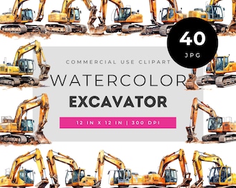 Watercolor excavator clipart bundle, realistic construction vehicle illustrations for kids room decor, birthday invitations & building craft