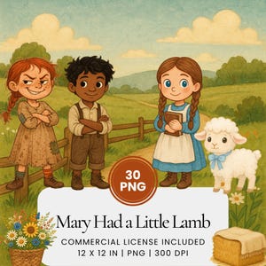 Mary Had a Little Lamb Watercolor Clipart Bundle, Nursery Rhyme PNG Set, Children’s Book Illustration Animals, Baby Shower Graphics