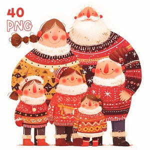 クリスマス セーターの家族のクリップアート - 40 個の高品質 PNG - デジタル プランナー、ジャンク ジャーナリング、水彩画、ウォール アート、商用利用、マグカップ