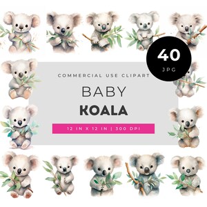 Baby Koala Clipart JPG Bundle, Cute Watercolor Koala Bear Graphics for Nursery Decor, Baby Shower Invitations & Sublimation Design