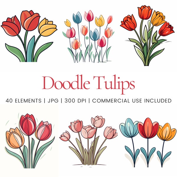 Doodle Tulips Clipart - 40 High Quality JPG - Digital Planner, Junk Journaling, Watercolor, Wall Art, Commercial Use, Digital Download, Mugs