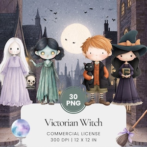 May include: Digital illustration of four Victorian-style witch characters against a spooky backdrop. The characters include a girl in a purple dress, a zombie-like girl, a boy with a black cat, and a witch holding a book. The image has the text "Victorian Witch".