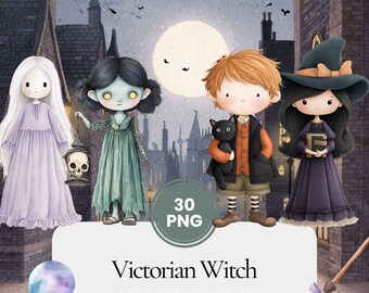 Viktoriansk häxa akvarell clipart-paket, Halloween-häxillustrationer, vintage gotiska häxor, kusliga häxklipp, läskig häxa clipart-samling