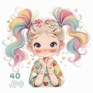 Schrullige bunte kleine Mädchen Clipart - 40 JPGs - Digitaler Planer, Junk Journaling, Wandkunst, kommerzielle Nutzung, Sublimation, Scrapbooking, Tassen
