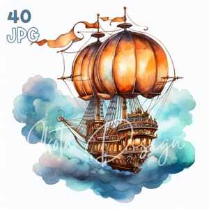 Flying Ship Clipart - 40 High Quality JPGs - Digital Planner, Junk Journaling, Watercolor, Commercial Use, Digital Download, Mugs, Apparel