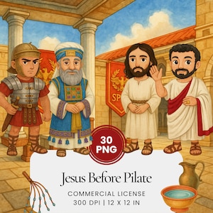Puede incluir: Ilustración de Jesús ante Pilato, con cuatro figuras vestidas con atuendos históricos. Se representa a un soldado romano, un líder religioso, Jesús y Pilato. La imagen incluye el texto: "Jesus Before Pilate" y "30 PNG".