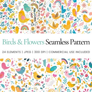 Puede incluir: Seis patrones sin costuras con pájaros y flores coloridos sobre un fondo blanco. Los patrones son perfectos para proyectos de manualidades, scrapbooking y diseño digital.