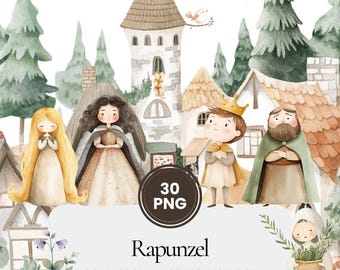Rapunzel clipart, watercolor fairytale PNG bundle with princess, tower, prince and witch, whimsical story illustrations for crafts & decor
