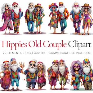 Hippies Old Couple Clipart - 20 PNGs de alta qualidade - Planejador digital, Junk Journaling, Aquarela, Uso comercial, Download digital