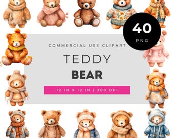 Cliparts d'ours en peluche à l'aquarelle, ours d'hiver douillet (PNG), illustrations d'ours mignons pour les activités manuelles des enfants, la décoration de chambre d'enfant, le scrapbooking et les autocollants pour agenda