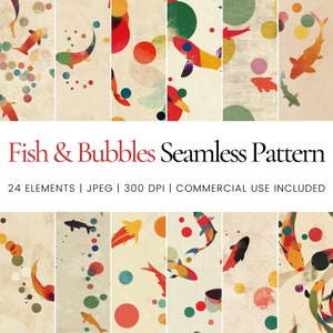 Puede incluir: Un patrón sin costuras con peces y burbujas coloridos sobre un fondo beige. El patrón está formado por 24 elementos y está disponible en formato JPEG a 300 DPI. Se incluye el uso comercial.