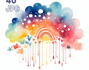 Boho Rainbow Clipart - 40 High Quality JPGs - Digital Planner, Junk Journaling, Watercolor, Wall Art, Commercial Use, Digital Download