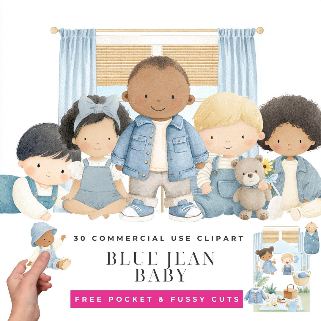 Blue Jean Baby Clipart Bundle, Cute Denim Infant Illustrations PNG ...